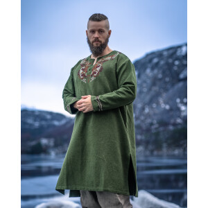 Wikinger Tunika "Snorri" mit Urnes-Stil Handstickerei Grün