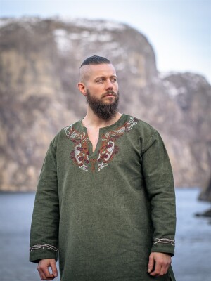 Tunica vichinga "Snorri" con ricamo a mano in stile Urnes Verde M