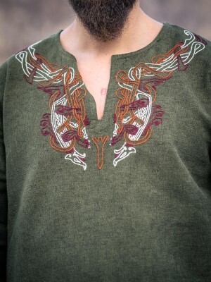 Túnica vikinga "Snorri" con bordado a mano estilo Urnes Verde XXXL