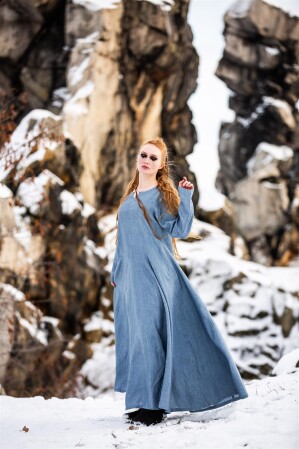 Wikinger Kleid 100% Leinen "Anna" Taubenblau XS