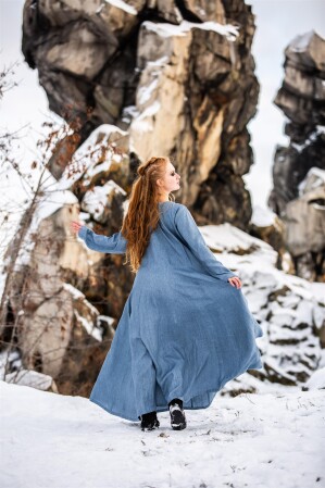 Wikinger Kleid 100% Leinen "Anna" Taubenblau XS